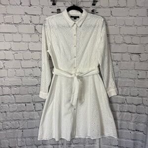 Boston Proper Eyelet Lace White Dress Long Sleeve Retro Collared A-Line Size 10